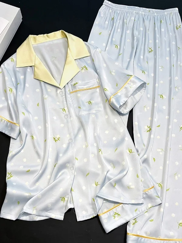 

Sweet Casual Ice Silk Short Sleeve Long Pants Sleepwear Women's Home Clothes High Aesthetic Value Korean Style Outdoor Wear
