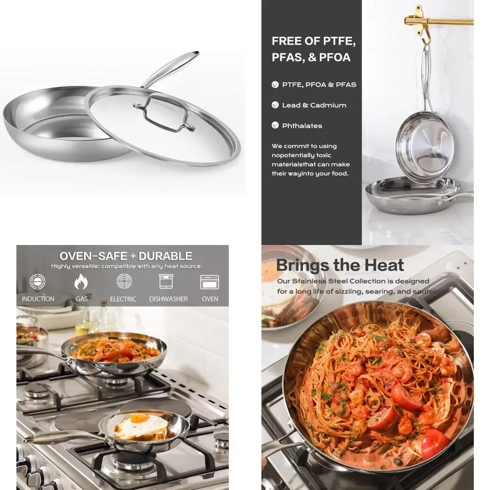 

Stainless Steel 12 Inch Frying Pan with Lid - 3-Ply Clad Skillet for Fast Even Heating, Oven Safe to 600°F, Ideal for Cooking Di