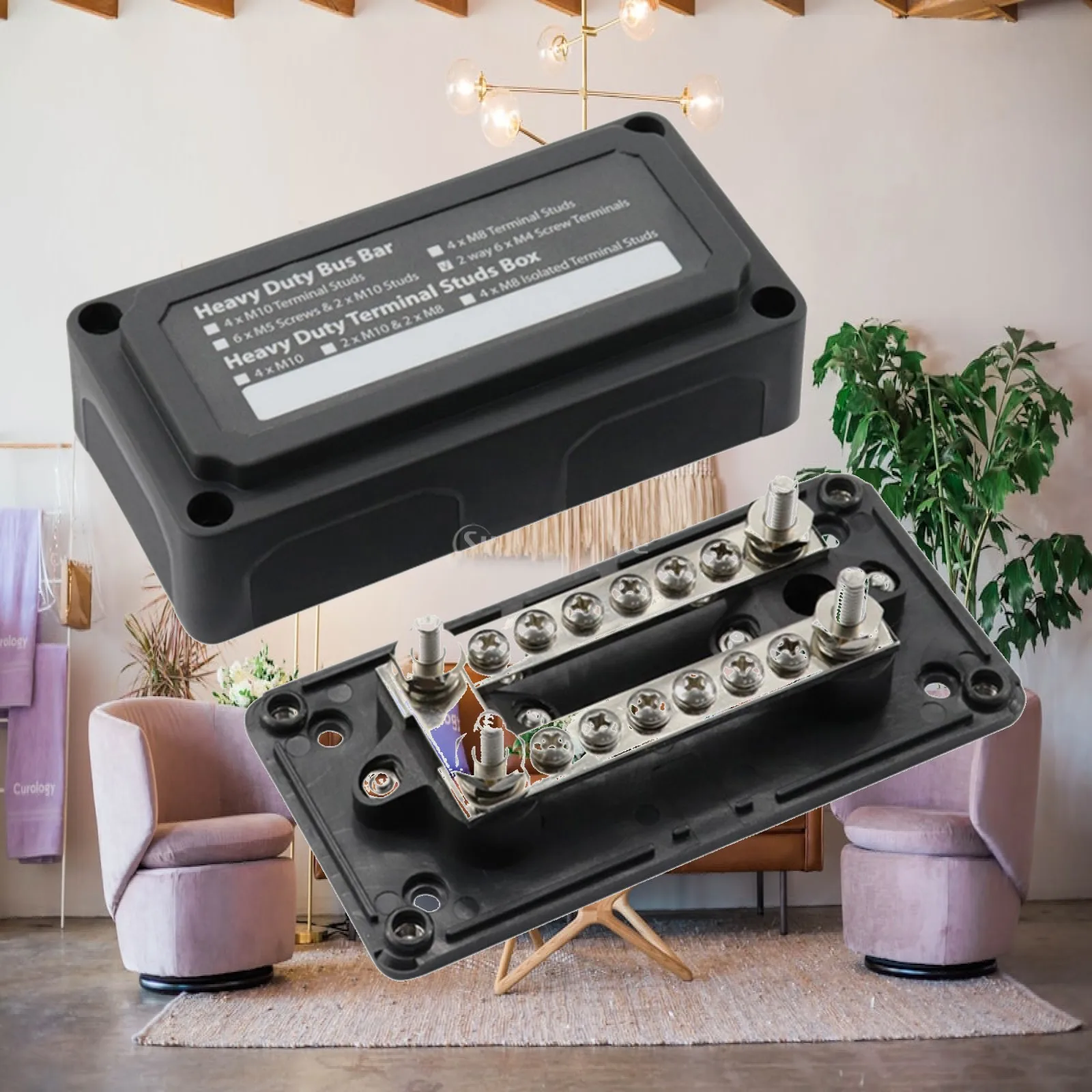 DC Power Junction Unit 12 Way M4 Terminal Block 100A 48V Black Enclosed Distribution Box for RV Marine Auto