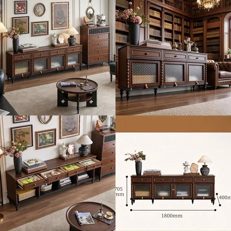 Retro French Solid Wood TV Stand Medieval Living Room Console Two Tone Storage Cabinet High End Furniture