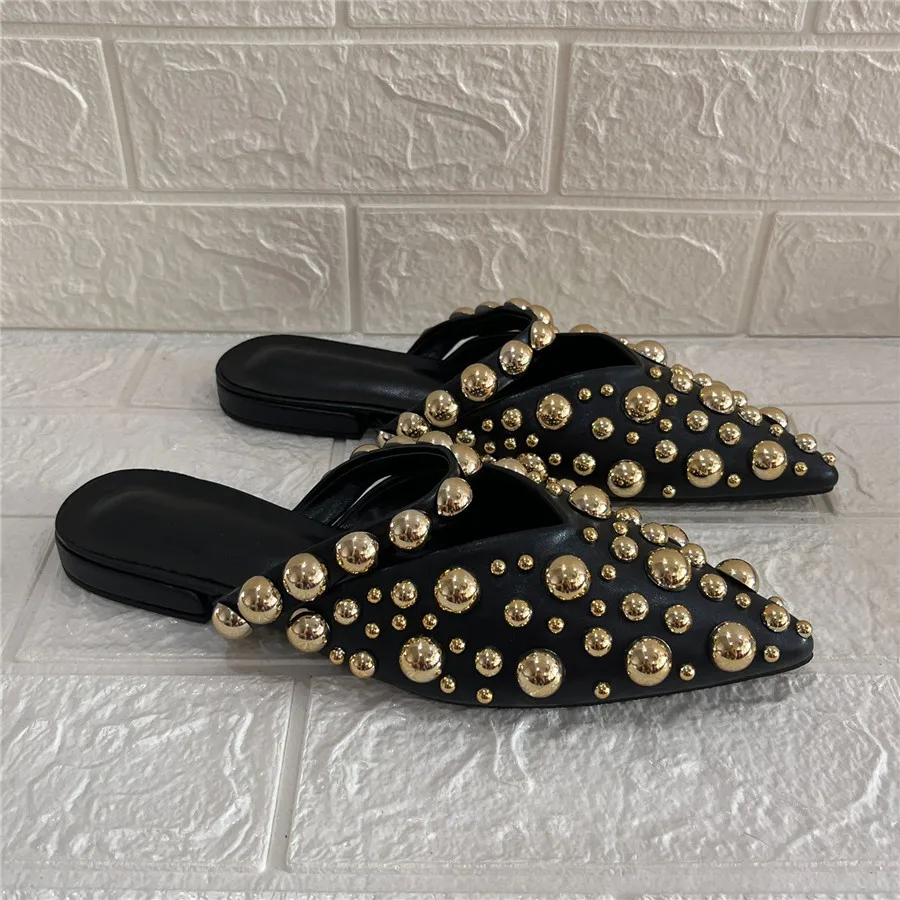 Punk Style Women Slippers Rivets Studded Summer Gladiator Sandals Runway Flat Beach Shoes Ladies Slides Black Pointed Toe Mules