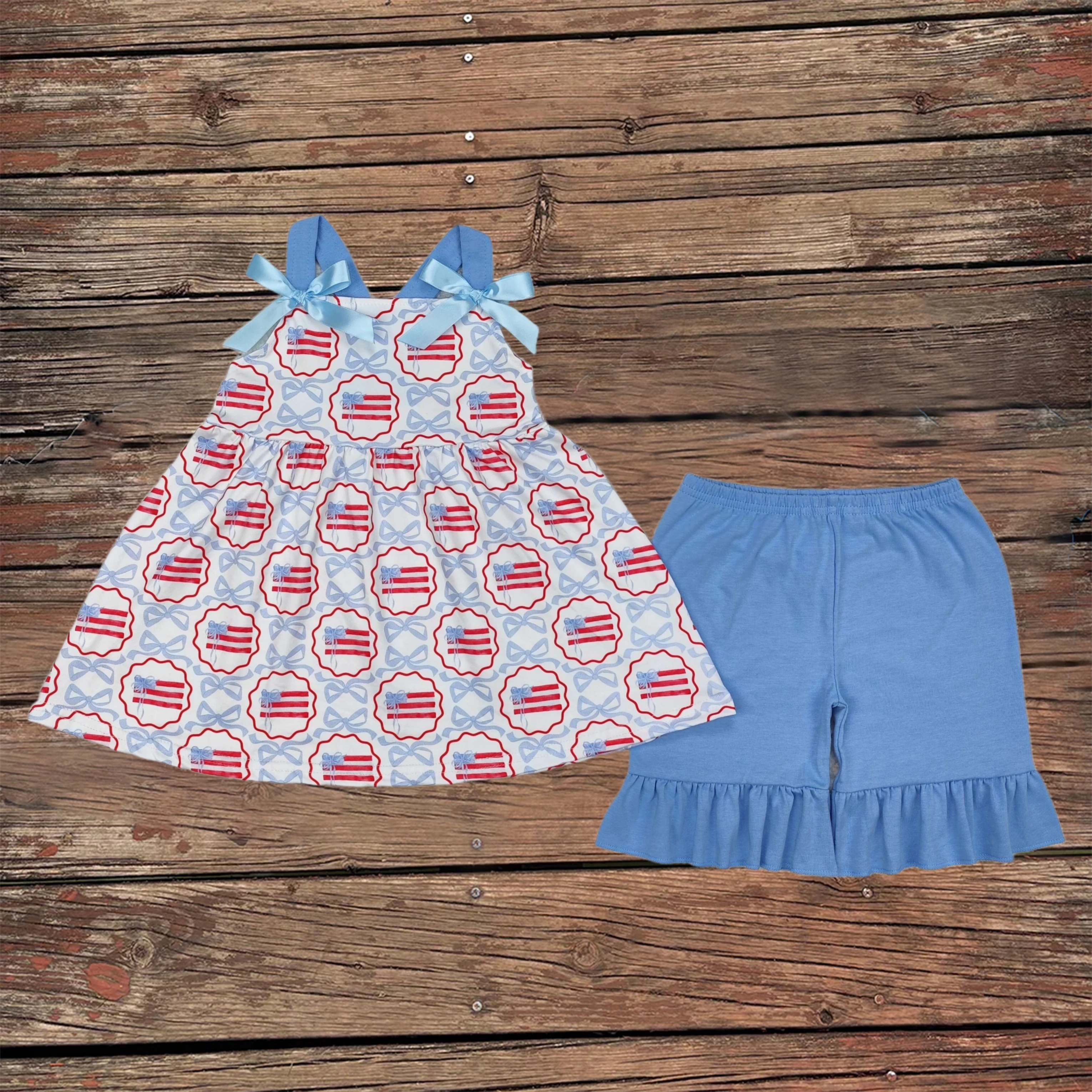 

Wholesale Baby Girl Summer Short Sleeves Flags Bows Straps Tunic Toddler July 4th Kids Set Children Blue Cotton Shorts Outfit