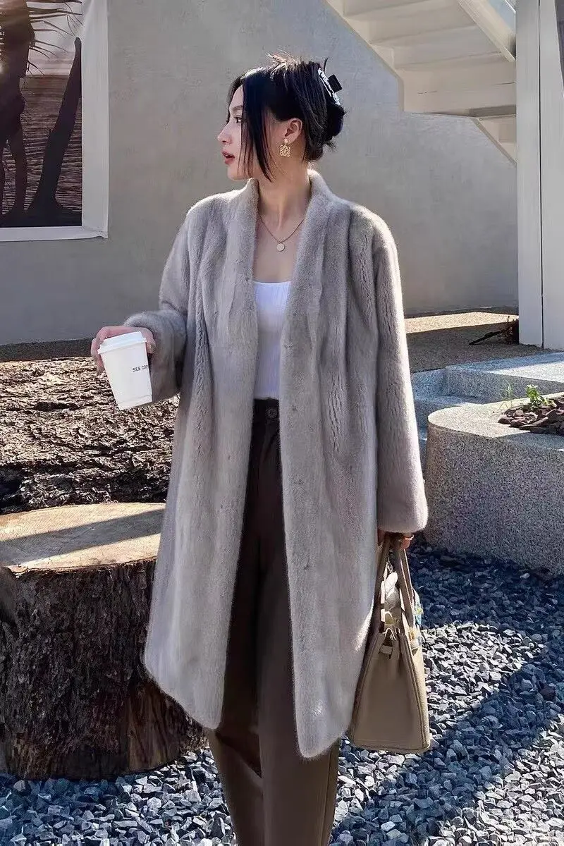 Abrigos grises de piel sintética para mujer, largo hasta el suelo, corte con personalidad, Jacquard Natural abotonado, giro suave y tierno OL
