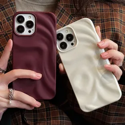 Ins 겨울 와인 레드 3D Pleats 주름 전화 케이스 iPhone 12 13 14 15 16 Pro Max 소프트 매트 케이스 iPhone 11 뒷면 커버