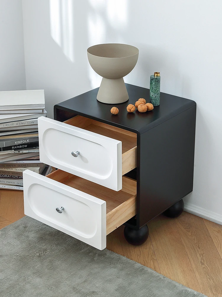 French cream antique bedside table bedroom modern simple black and white solid wood retro bedside cabinet