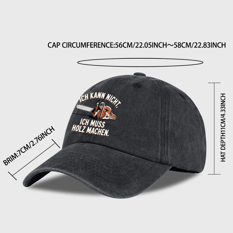 Vintage German Chainsaw Quote Print Washed Baseball Cap Adjustable Unisex Gift For Lumberjacks & Woodworkers