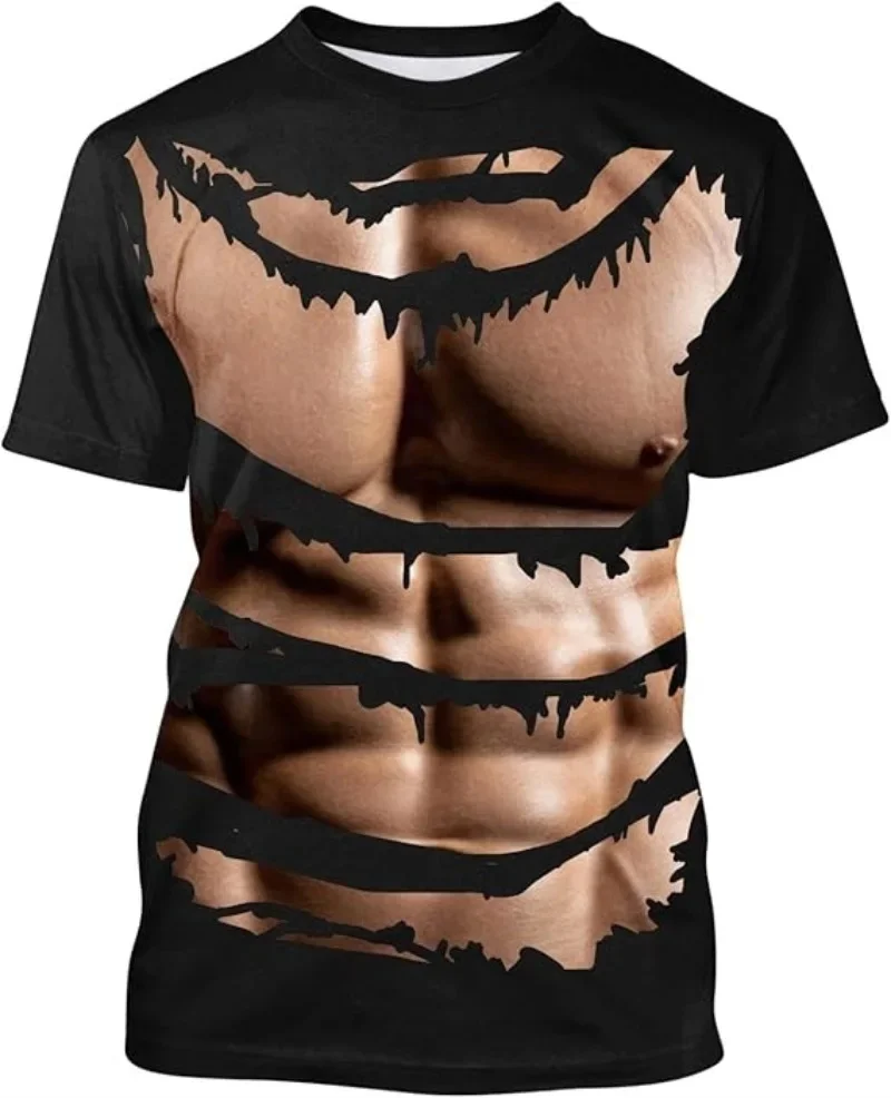 Novelty 3D Illusion Fake Body Print T‑Shirt Funny Hairy Chest Muscle Suit Graphic Short‑Sleeve Unisex Holiday Party Casual Tees
