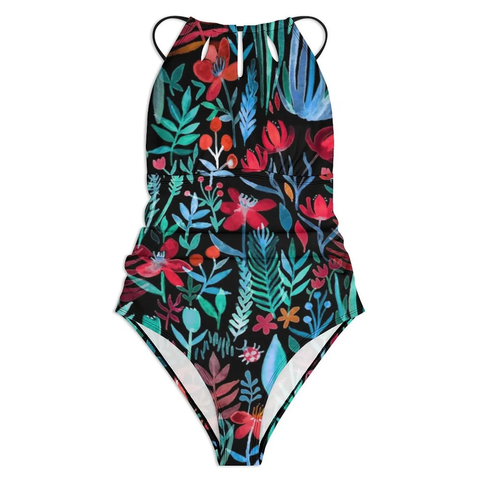 Tropical Floral Print Swimsuit Sexy Red Flowers Women Swimwear One Piece Classic Bodysuit Holiday Surf Push Up Halter Monokini