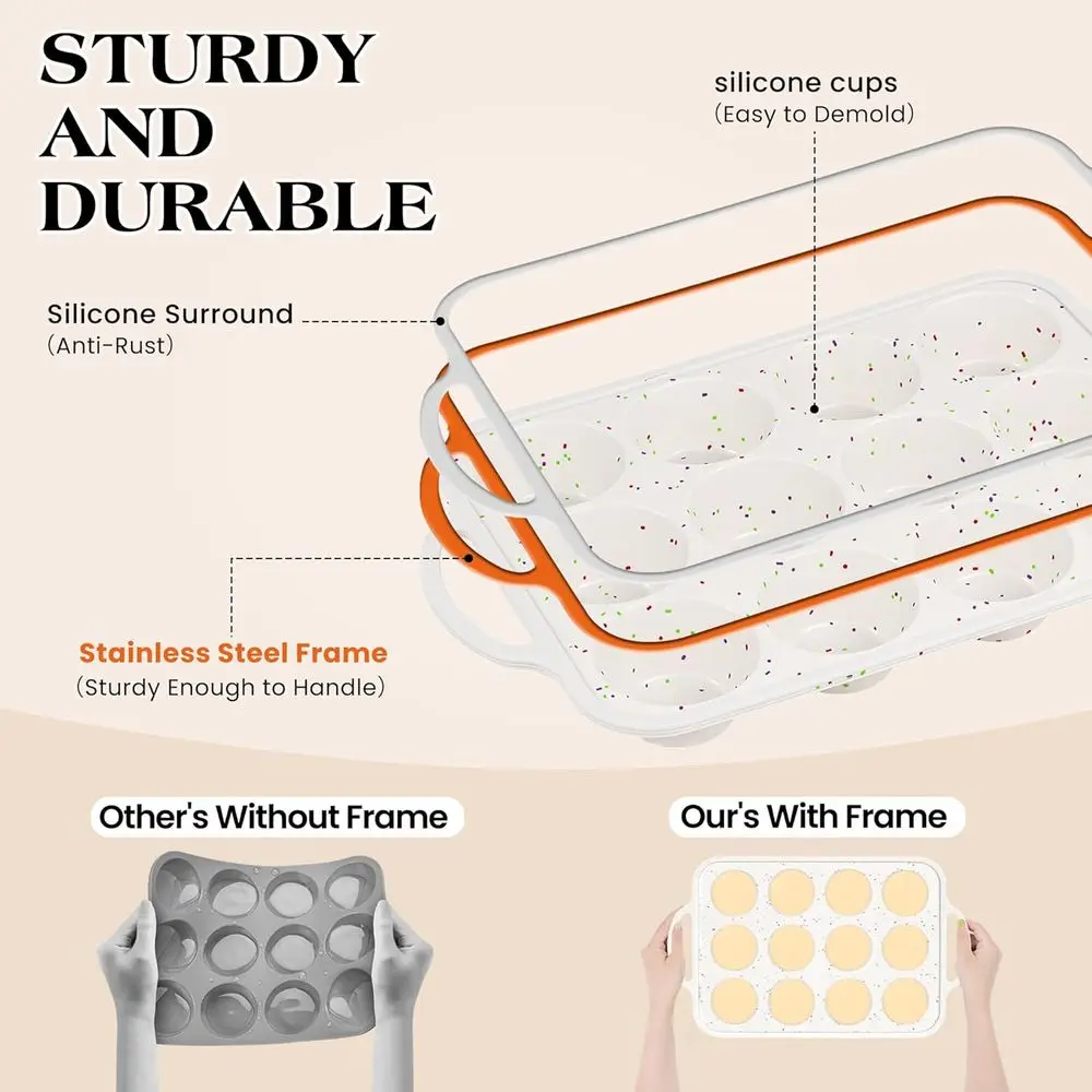 Silicone Cupcake Pan Set - 12 and 24 Cup Nonstick Molds with Metal Reinforcement, BPA-Free (2 Pack, Cream)