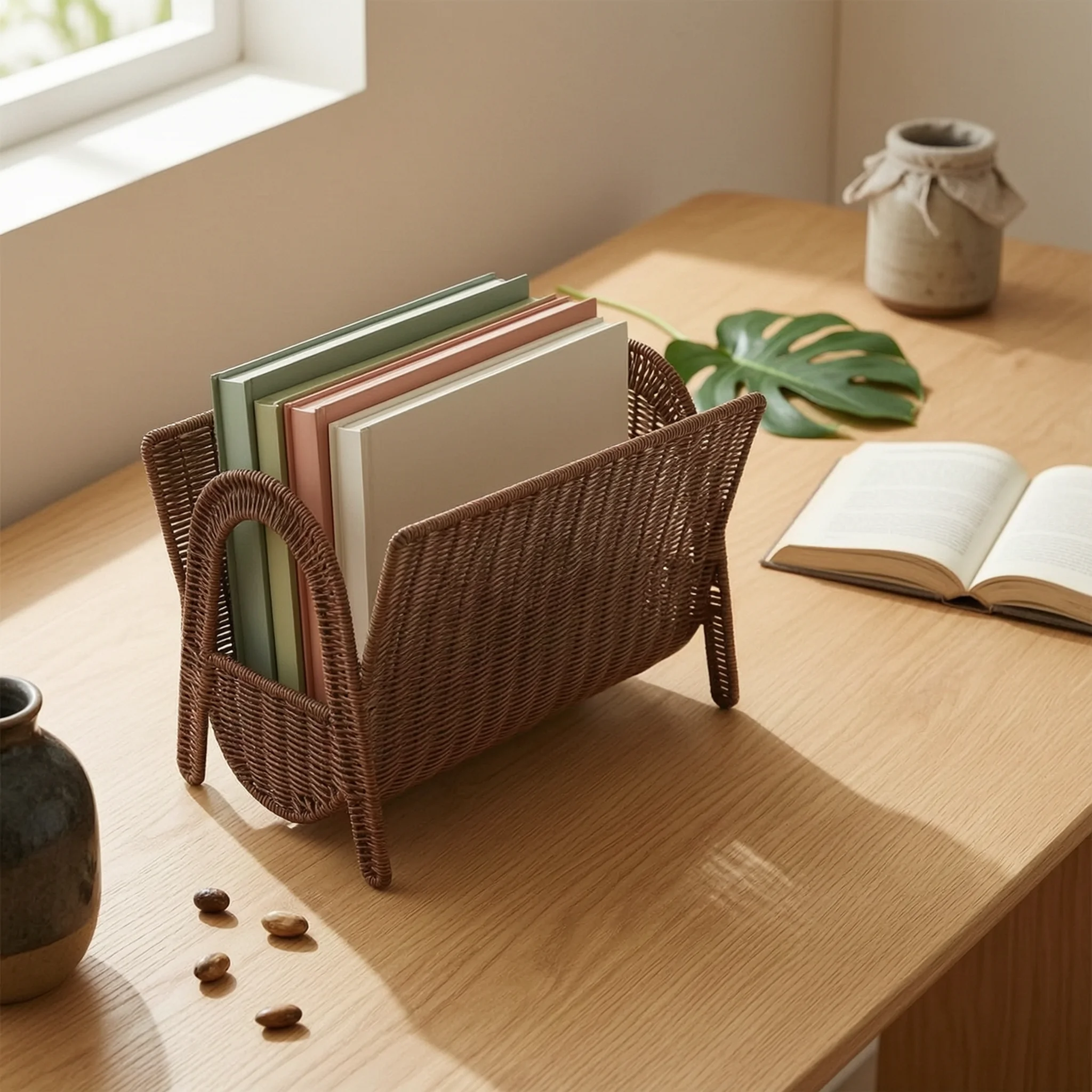 Magazine Storage Basket Wicker Magazine Holder with Handles Book Basket Floor-Standing Rustic for Readers, Living Room