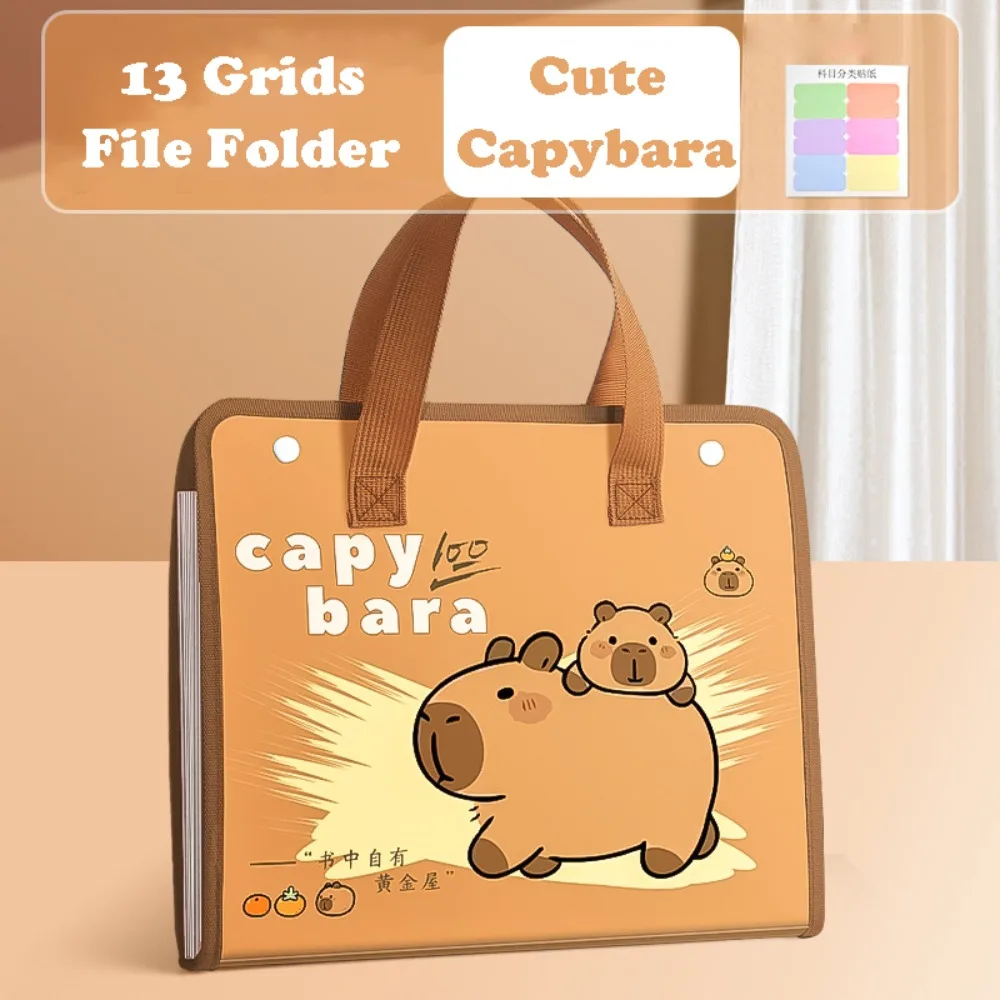 New Capybara A4 File Folder 13 Pockets Waterproof Test Paper Storage Folder Large Capacity Cartoon Document Bag Students