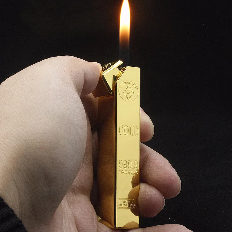 Creative Gold Bar Flashlight Lighter Metal Butane Gas Smoke Pipe Lighter Inflatable Flameless Lighter Smoking Accessories Gadget