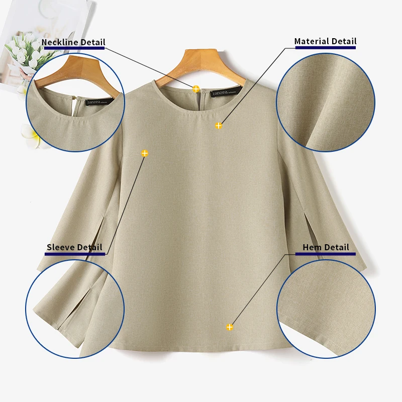 ZANZEA automne femmes Blouse couleur unie mode 3/4 manches décontracté ample fendu manchette tunique hauts coréen vacances tuniques Blusas Femme