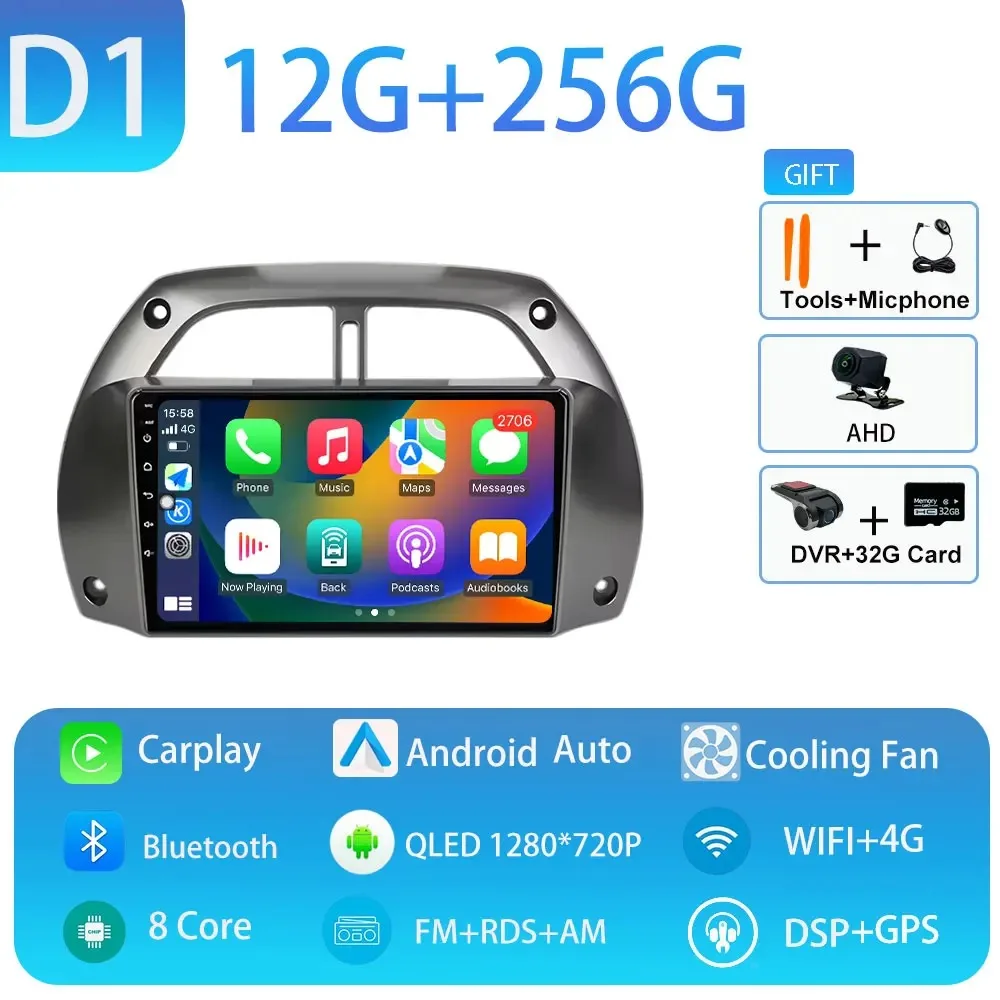 Android 15 voor Toyota RAV4 2001-2005 Draadloze CarPlay Autoradio Video Audio Multimedi Speler Auto BT WIFI 4G 2K QLED Geen 2 din
