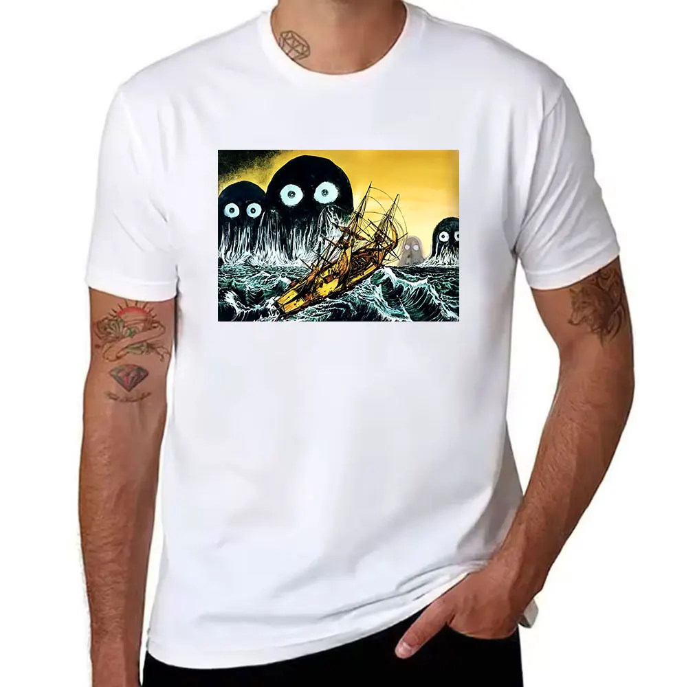 Men's Cotton T-Shirt Giant Sea Monster Print Vintage Sailing Ship Graphic Tee for Ocean Adventure Lovers