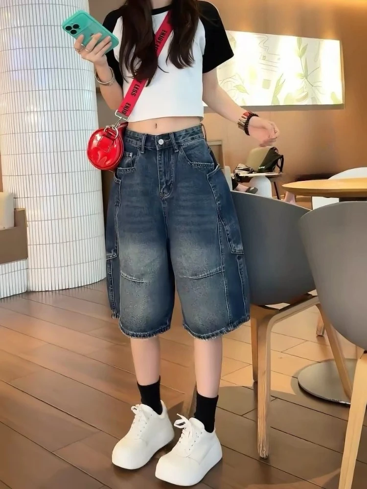 Summer Women's Big Pocket Wide-leg Denim Shorts 90s Girl Knee Length Pants Retro Streetwear Female High Waist Half Trousers