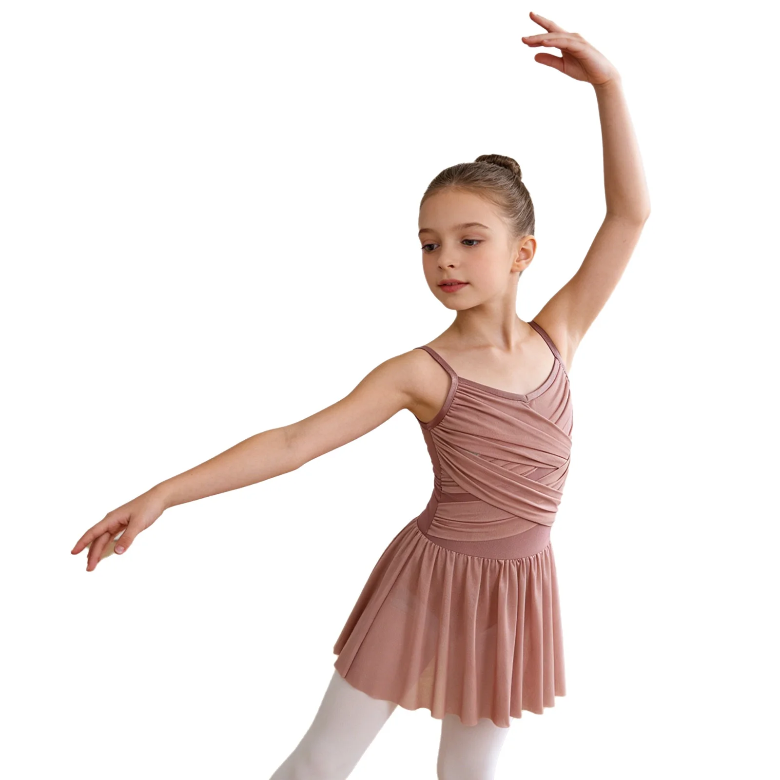 Kids Girls Ballet Dance Dress Spaghetti Straps Ruched Mesh Tutu Dress Camisole Leotard Yoga Skating Gymnastics Training Costume
