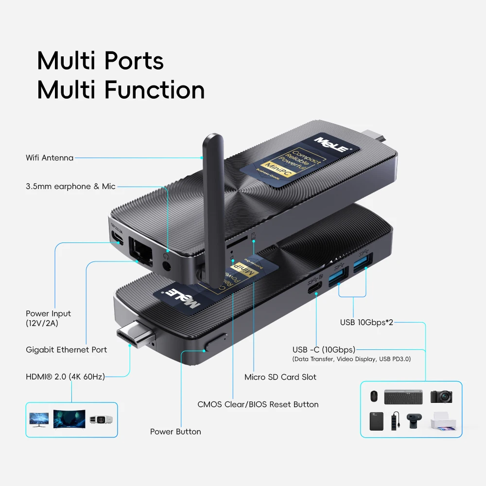 MeLE PCG02 Fanless Mini PC Stick N100 8GB LPDDR4 128GB Micro Desktop Computer with Full Function USB-C, 2.4G/5.0G WiFi, 4K HDMI