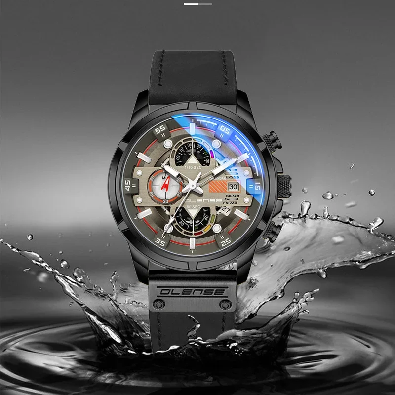 남성 정품 가죽 시계 블루 라이트 유리 다기능 쿼츠 시계, 군사 방수 날짜 크로노그래프 시계