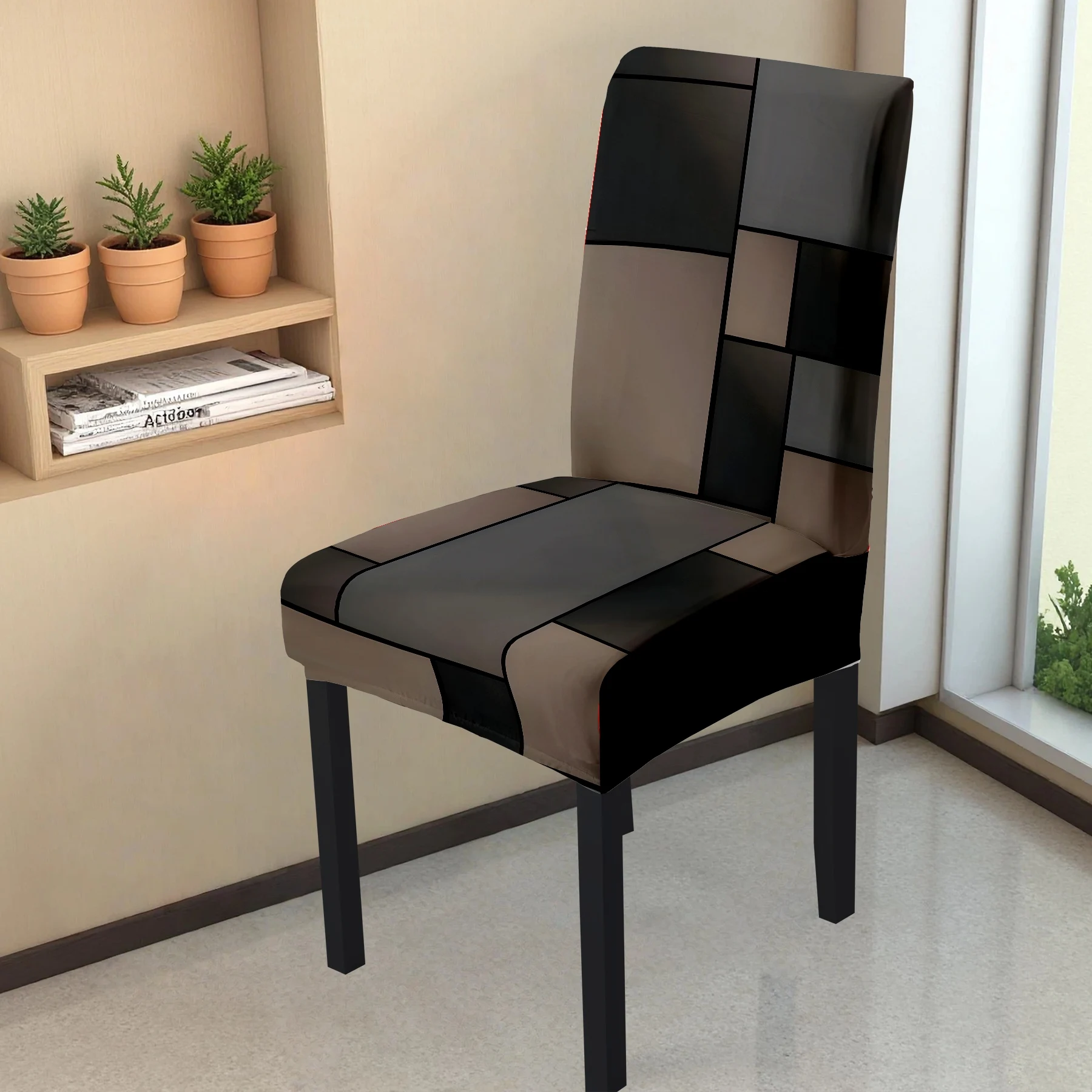 2026 New Elastic Full - Coverage Chair Cover, Geometric Patchwork Pattern (Black & Brown), Washable & Fad
