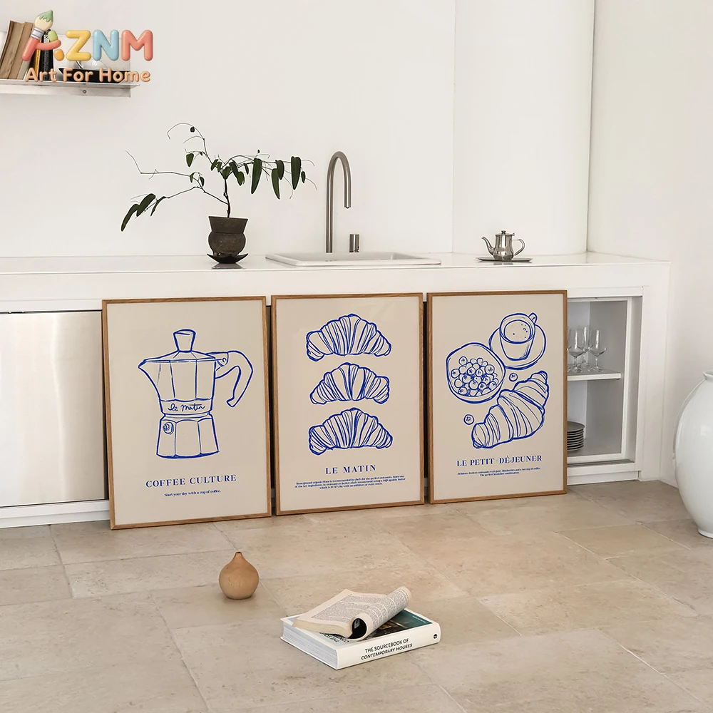 AZNM French Breakfast Croissant Coffee Canvas Wall Art Minimalist Blue Line Art Kitchen Aesthetic Retro Unframed Home Decor Prin