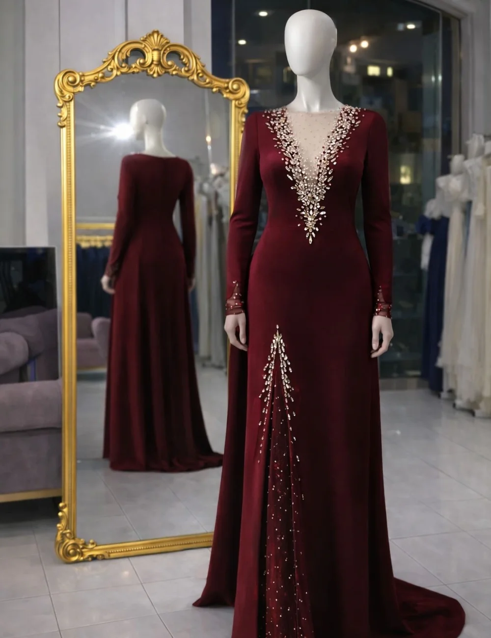 

Customized Burgundy Luxurious Intricate Rhinestone Pearl Pleat A-line V-neck Long Dresses Evening Dresses for Woman High Quality