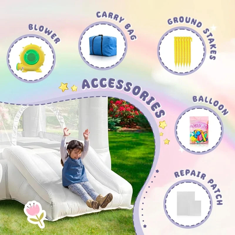 Nuevas llegadas casa de rebote blanca con soplador, castillo inflable con tobogán para fiestas interiores/exteriores de niños/niños pequeños