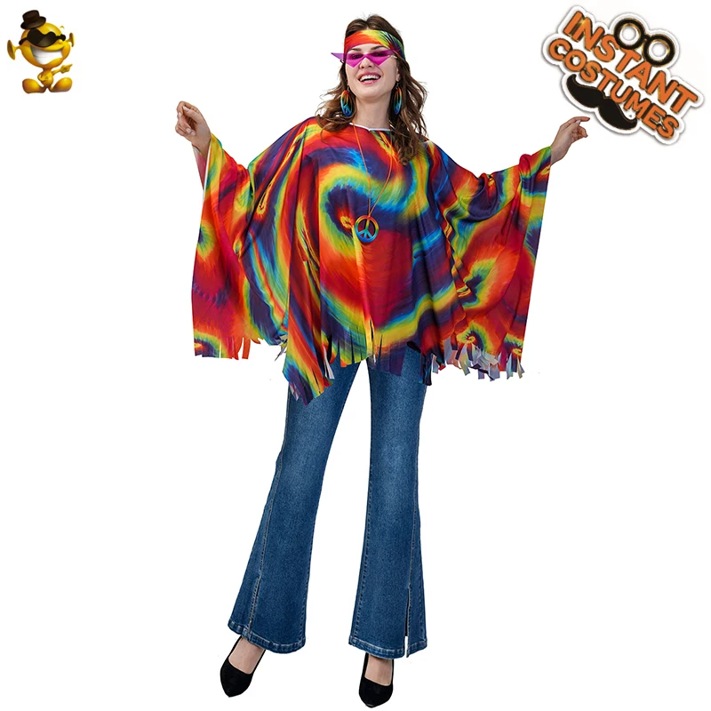 Erwachsene Frauen Hippie Kostüm 60er 70er Jahre Hippie Disco Umhang Halloween Cosplay Party Phantasie Retro-Outfit