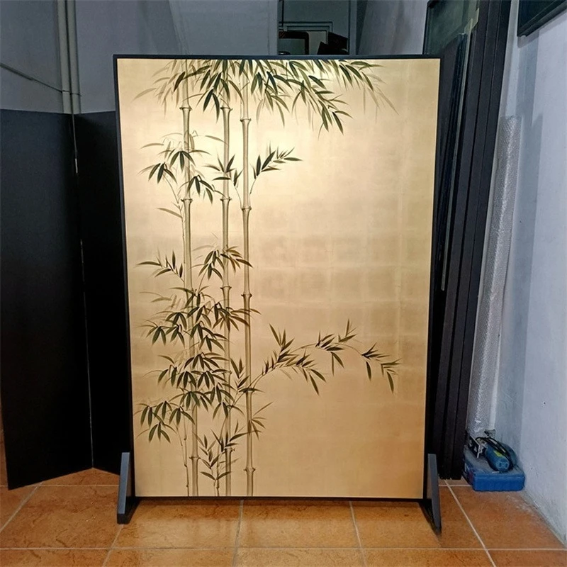 Chinese hand-painted bamboo gold foil flower and bird screen living room meeting room sofa background wall decorative partition
