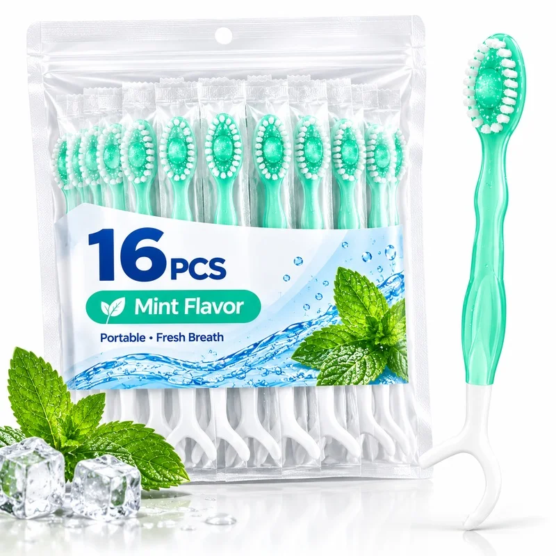 16PCS Disposable Toothbrush Set 4 Flavors Burst Bead Soft Bristle Floss Pick Portable Travel Oral Care Kit