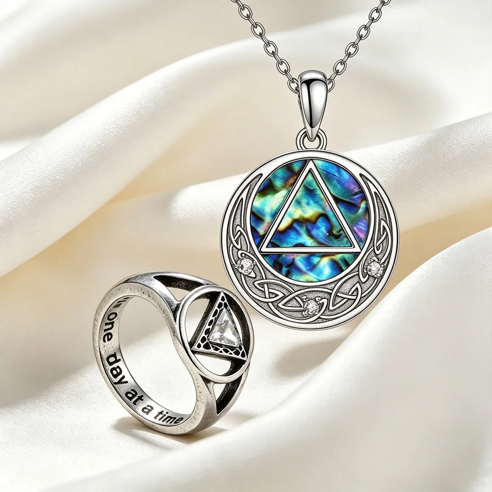 AA Sobriety Jewelry Set Abalone Shell Celtic Triangle Pendant Necklace Hollow Zircon Ring Alcoholics Anonymous Recovery Gift