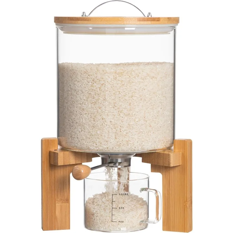 

Glass Rice Dispenser with Wooden Stand Flour and Cereal Container with Glass Measuring Cup Pantry Food Organization Storage Bin