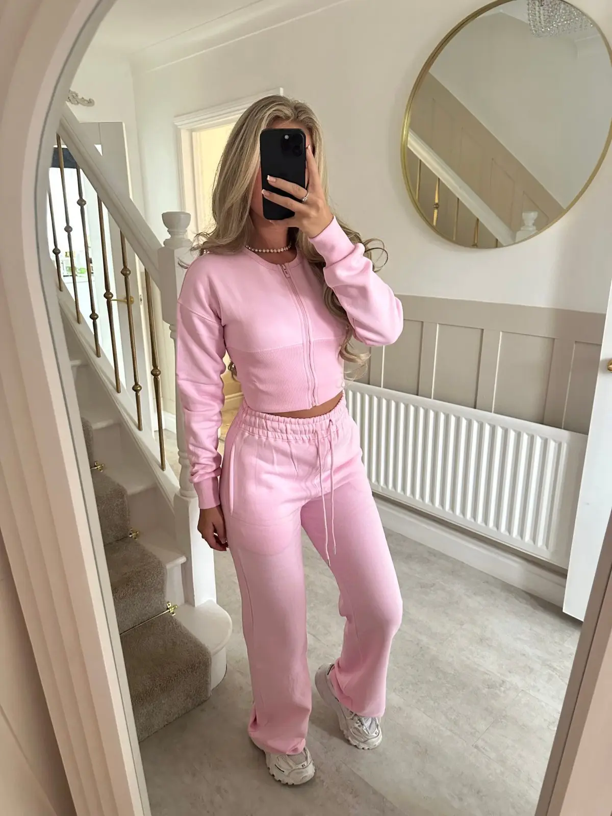 

Casual Autumn Winter Trousers Set Solid Color Fashion Slim Cardigan Round Neck Zipper Top Lace-up Straight Trousers 2-piece Sets