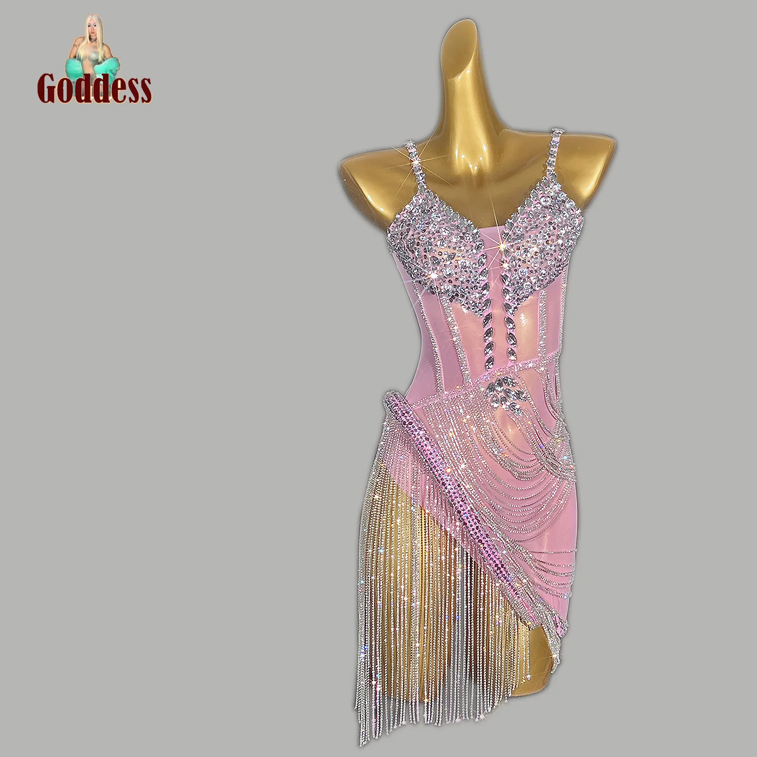 

Shining Rhinestones Transparent Fringes Slip Dress Birthday Party Celebrate Evening Dress Prom Outfit Women Bar Nightclub Outfit