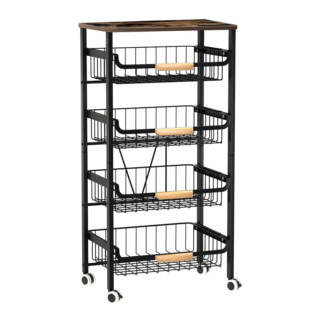 

5-Tier Rolling Storage Cart With Wheels, Large Acity Utility Cart With Wooden Tabletop & Mesh Baskets For Kitchen, Bathroom &