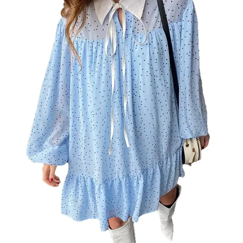 

Blue Polka Dot Shift Dress Tie Waist Notched Collar Color Block Loose Fit A-Line Short Sleeve Day Dress Casual Fall 2025 New