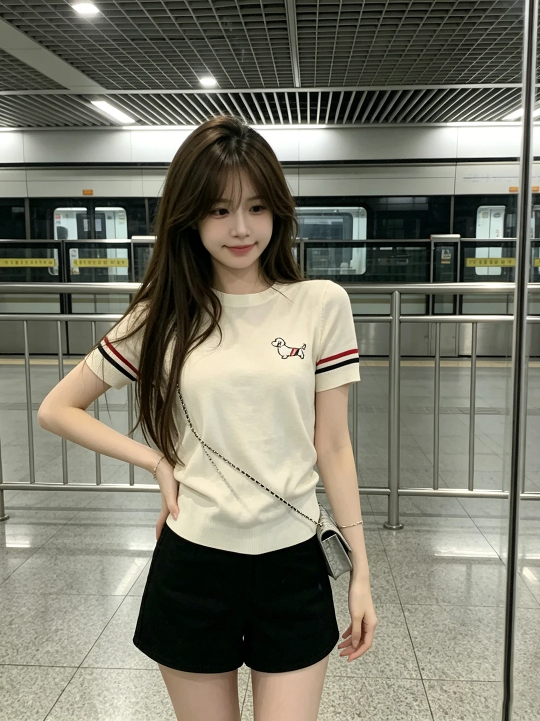 Elegant College Style Short Sleeve Knitted T-Shirt Women's Slim Fit Summer Top with Embroidered Puppies Design Youthful