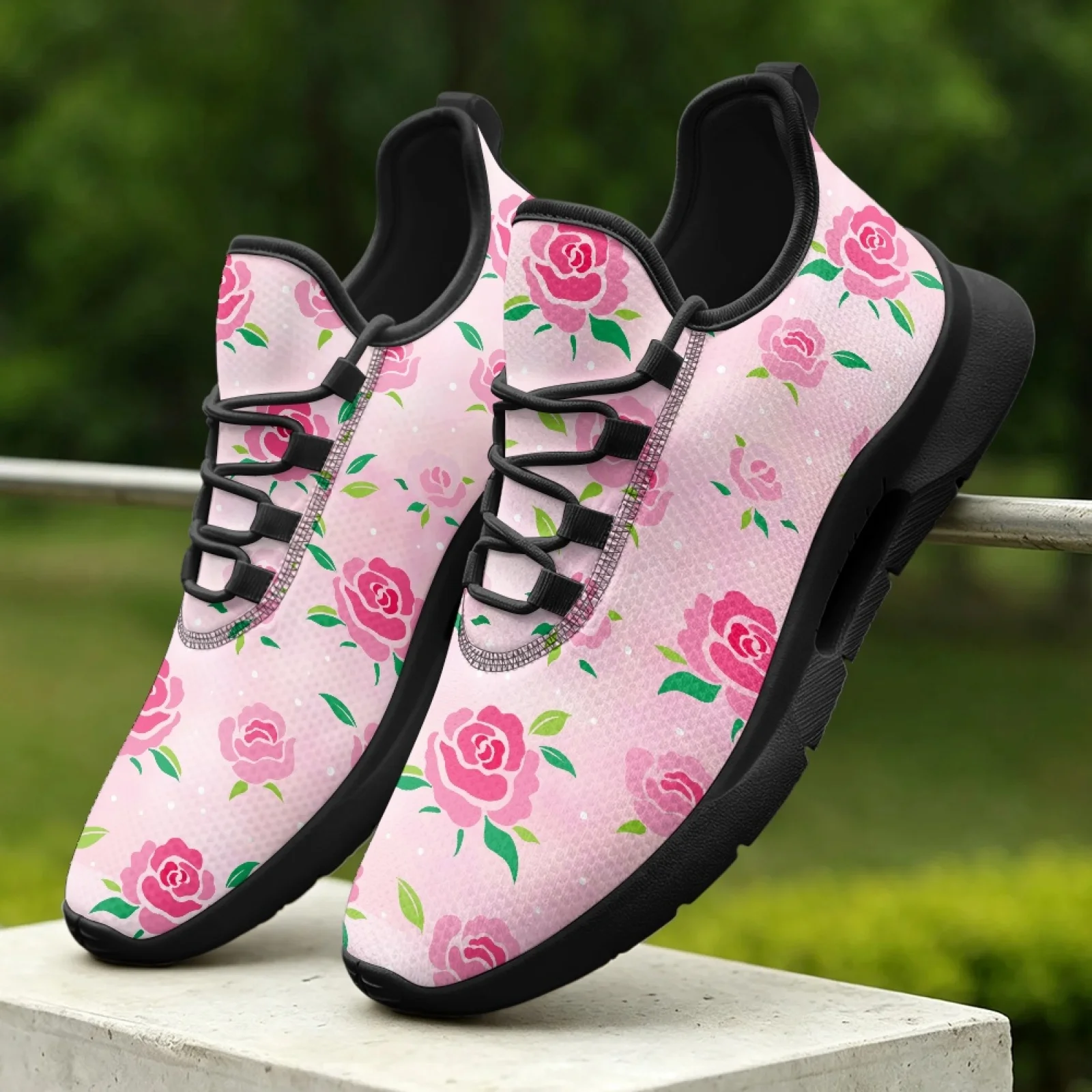 PENSTROLL Pink Rose Pattern Men's Mesh Sneakers Street Skate Shoes for Mens, Casual Lightweight Walking Shoe