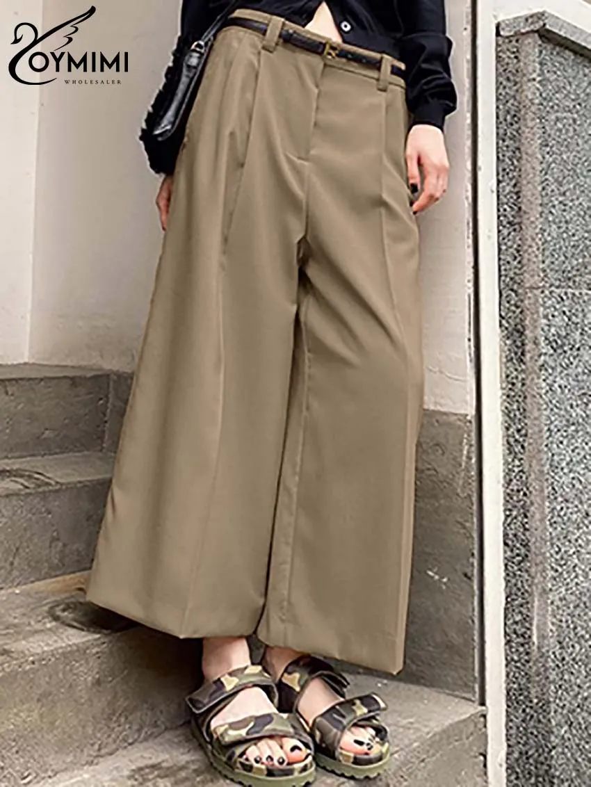 

Oymimi Fashion Brown Simple Women's Pants Casual High Waist Zipper Mid-Calf Pants Elegant Solid Loose Trousers Female Clothing