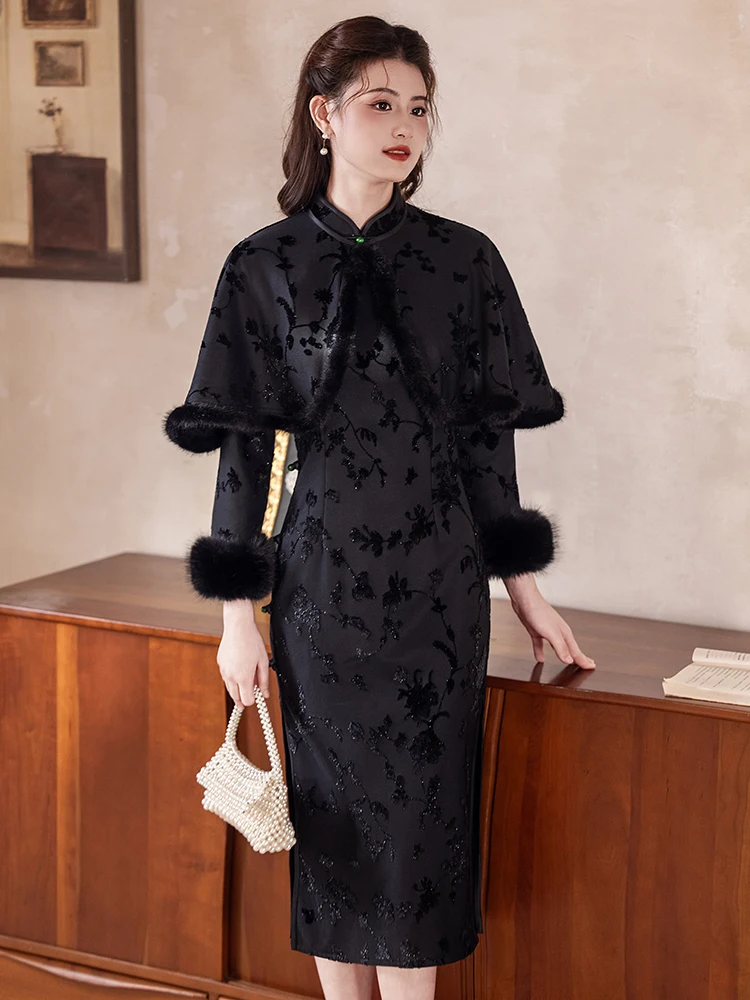 

Ele Long-Sve Bla Qipao Wrap Beautiful Winter Sle Slimming Belly Covering High-End Feelings Daily Wear for Women