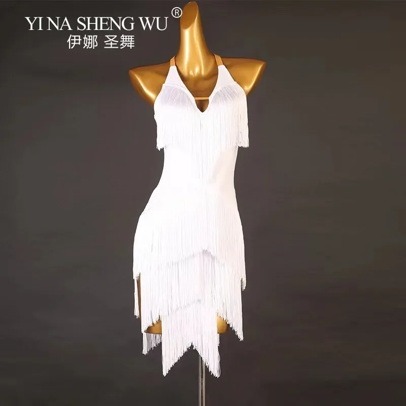 Abito da ballo sexy con frange senza schienale da donna Costume latino Cha Cha Rumba con scollo a V Nappa Abbigliamento da spettacolo Samba Tango Stage Outfit