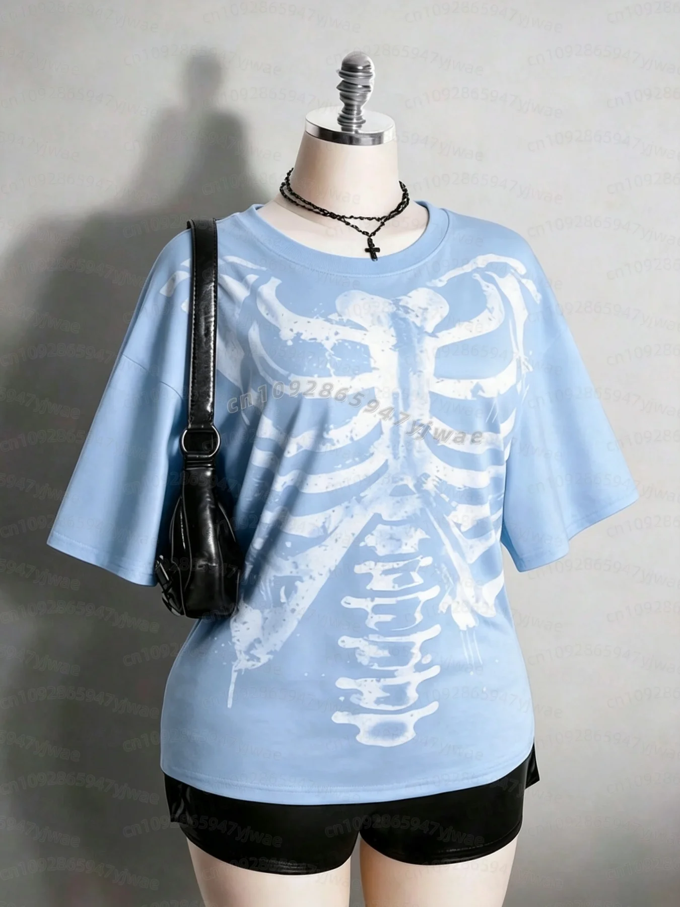 2026 Damen Halloween Skelett Brustkorbe Grafik T-Shirt Y2k Alt Goth Punk Distressed Totenkopf Knochen Print Kurzarm Damen T-Shirt – Detail 14