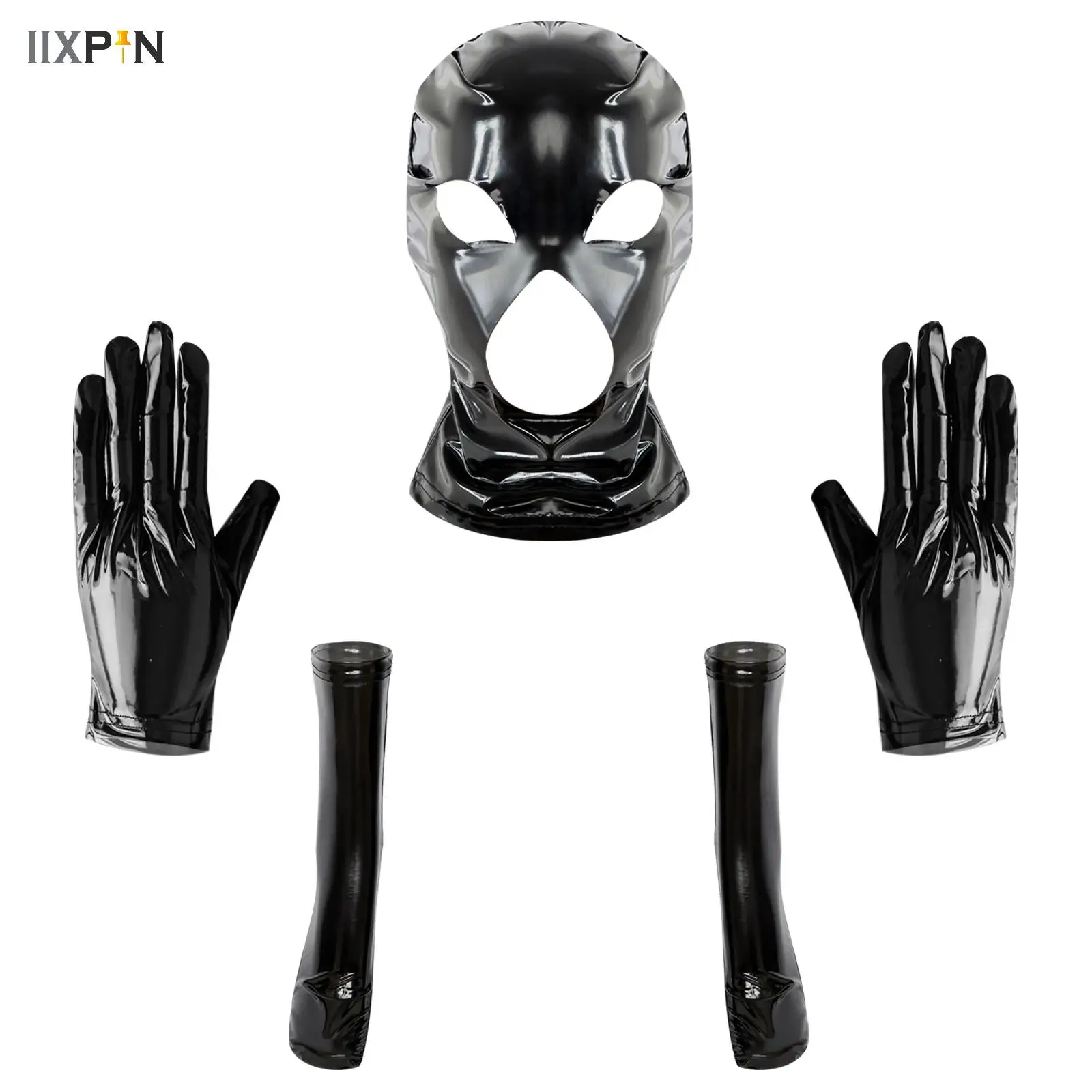 Unisex Cosplay Full Face Mask Women Mens Latex Open Eyes and Mouth Headgear Hood Gloves and Socks Set for Role Play Costume Prop