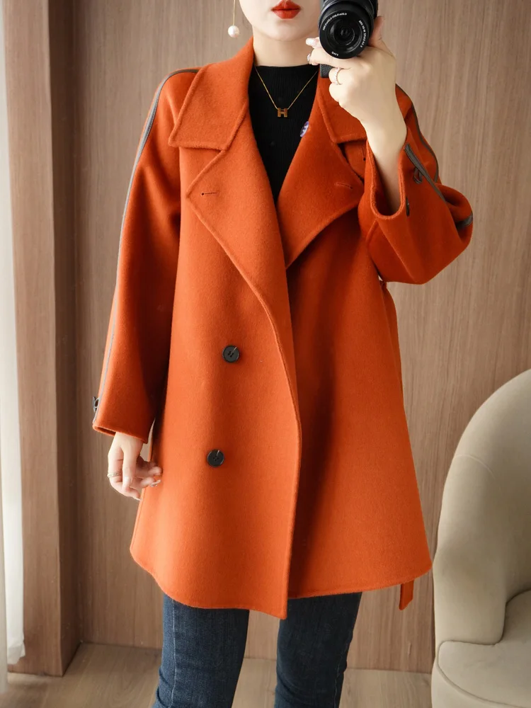 2024 Autumn/Winter New 100%Pure Wool Standing CollanDouble sided Cashmere Coat Women\'s Waist Slim Lace UpWool Coat Top