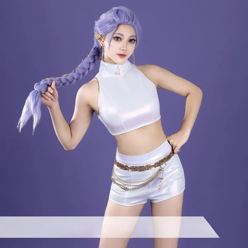 Disfraz de Anime Kpop Demon Hunters, disfraz de Rumi, chaleco blanco, Top, pantalones cortos con accesorios, conjunto completo de peluca púrpura, Ropa de baile para mujer