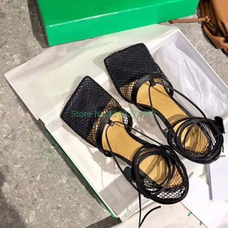 Square Toe Ankle Lace up Sandals Air Mesh High Thin Heels Hollow Out Woman Spring Summer Party Novelty Red Green Solid Sandals