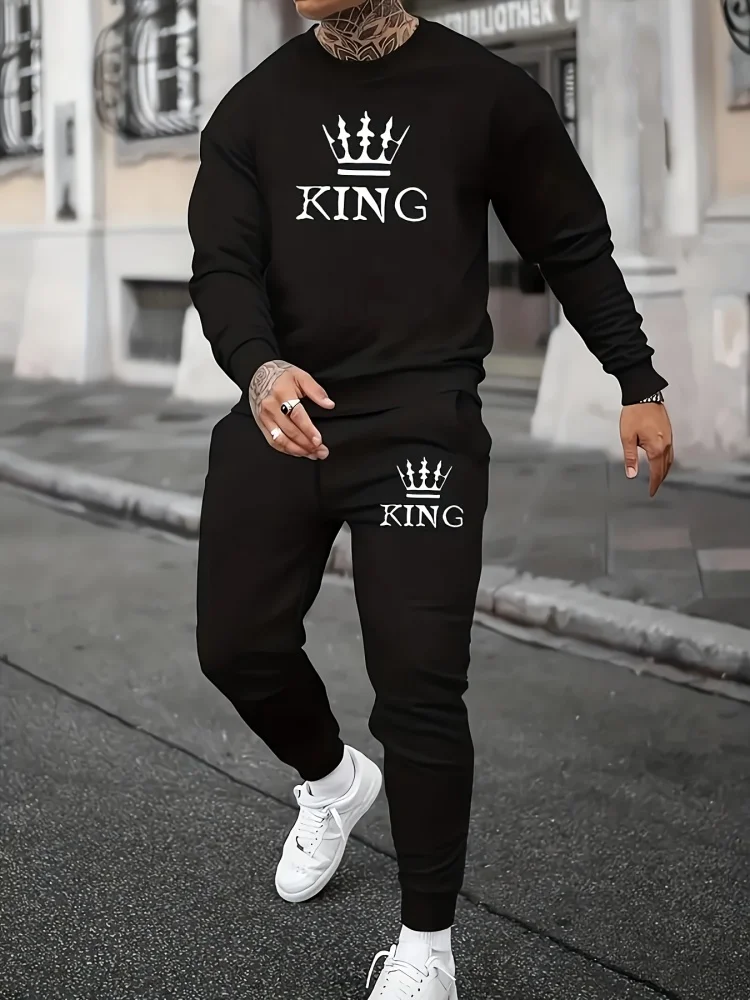 Men's Set Streetwear Casual Letter Print Long-Sleeve Hoodie With Fashionable Sweatpants Two-Piece Set Autumn Men's Set