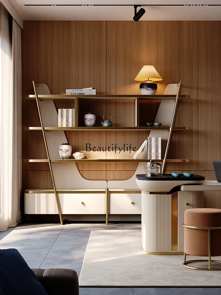 Light luxury bookshelf integrated against the wall floor multi-layer storage solid wood office tea room combination bookcase