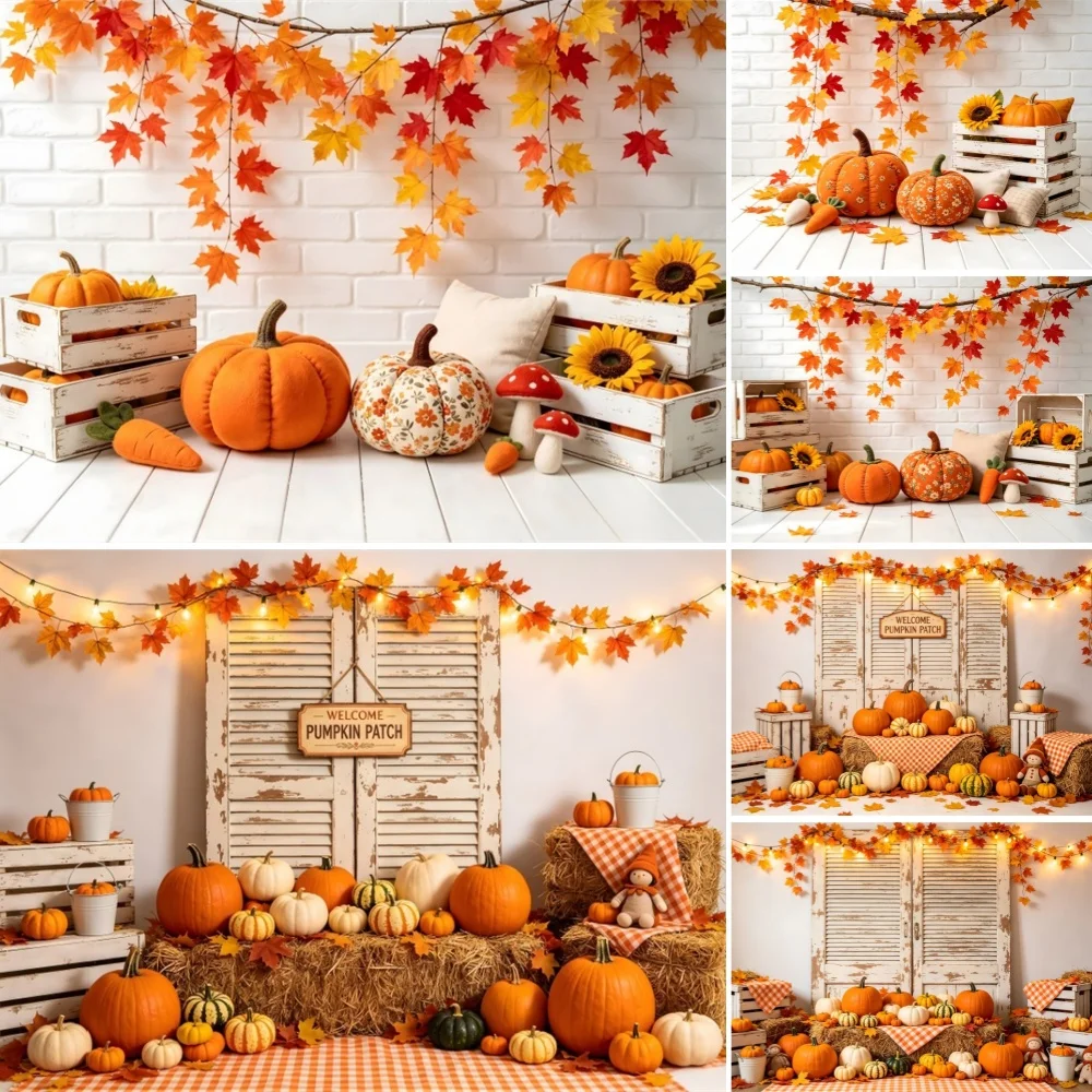 Yeele Photography Backdrop Autumn Yellow Maple Leaves Pumpkin Thanksgiving Day Indoor Decor Adult Kids Shoot Banner Props