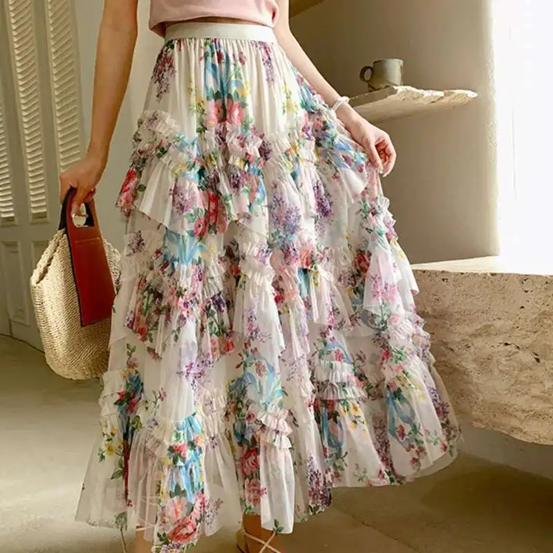 

Chic Lace Patchwork Print Contrasting Color Half Long Skirt Spring Summer Mesh Elastic Waist A-line Skirt